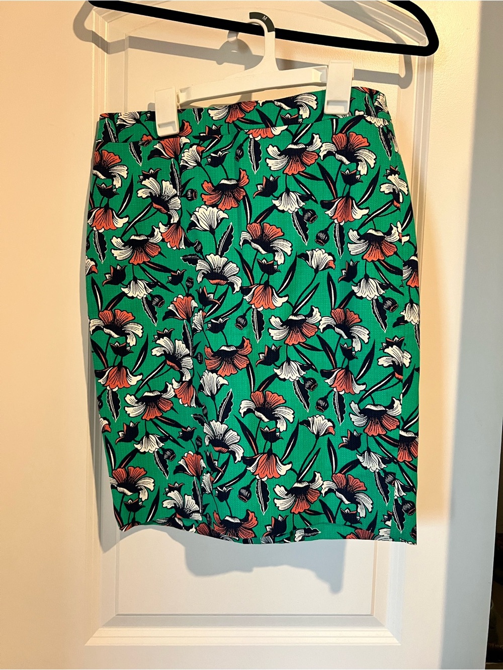 J. Crew Floral Pencil Skirt in Green with Coral and White Blooms